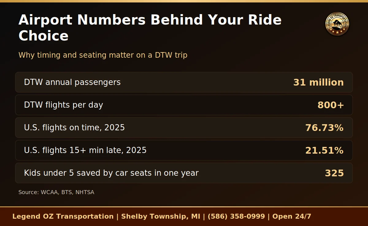 Chart of DTW passenger numbers, flight delays and car seat stats for choosing a taxi or car service