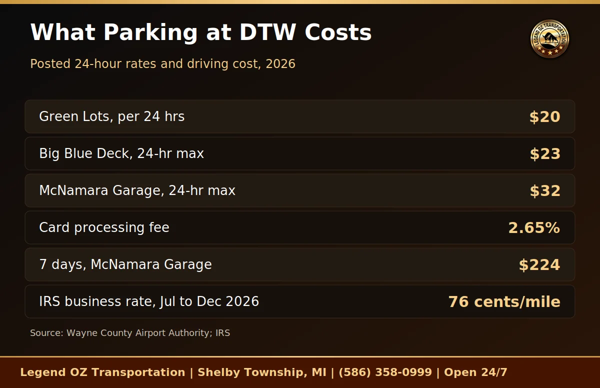 Chart of DTW parking rates by lot and trip length compared with driving cost