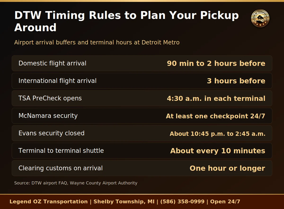 Chart of DTW airport arrival buffers and McNamara and Evans terminal security hours