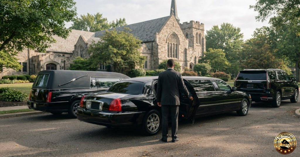 Funeral limousine for family during a service